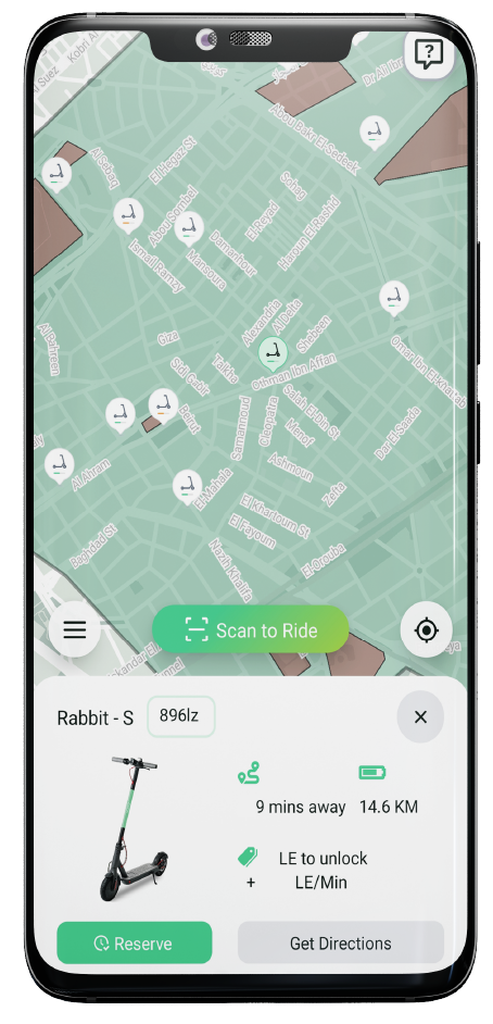 Mobile Phone Displaying Detailed Scooter Information on the App Map