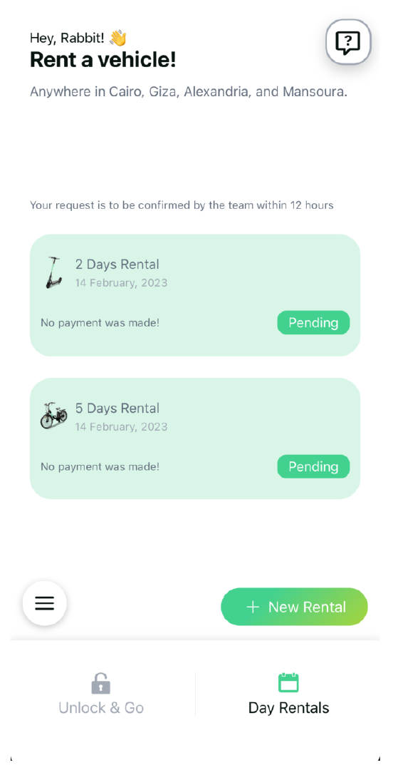 Screenshot of Day Rental Options for E-Bikes and E-Scooters in the Rabbit app