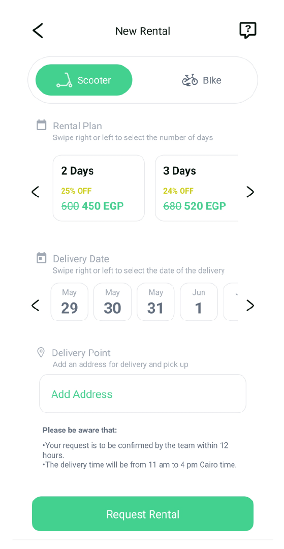 Screenshot of a Day Rental Order in the Rabbit app